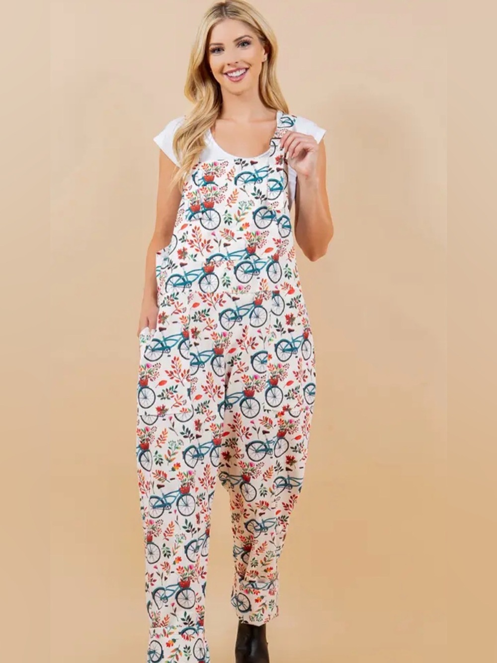 L.A Soul Women Bicycle Print Overall Jumpsuit Floral Colorful Boho Bib s/m